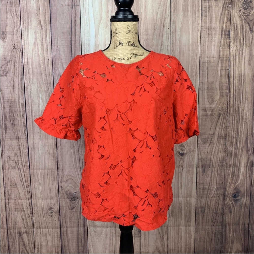 Monteau Womens Size XL Red Lace Floral Short Sleeve Top Lined
